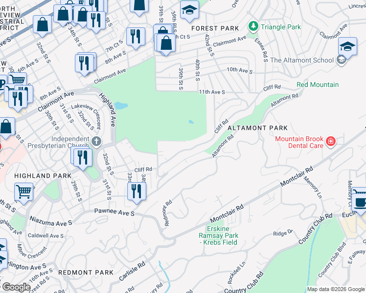 map of restaurants, bars, coffee shops, grocery stores, and more near 3853 12th Court South in Birmingham