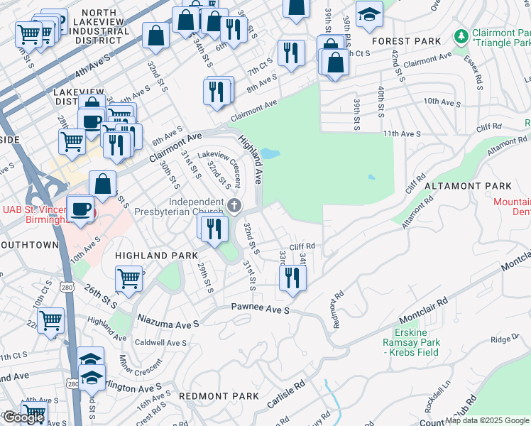 map of restaurants, bars, coffee shops, grocery stores, and more near 1201 33rd Street South in Birmingham