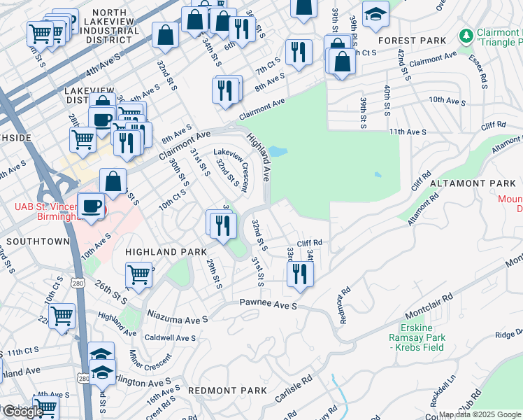 map of restaurants, bars, coffee shops, grocery stores, and more near 1201 33rd Street South in Birmingham