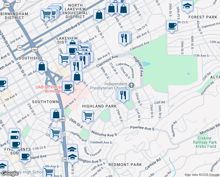 map of restaurants, bars, coffee shops, grocery stores, and more near 2944 Rhodes Circle South in Birmingham