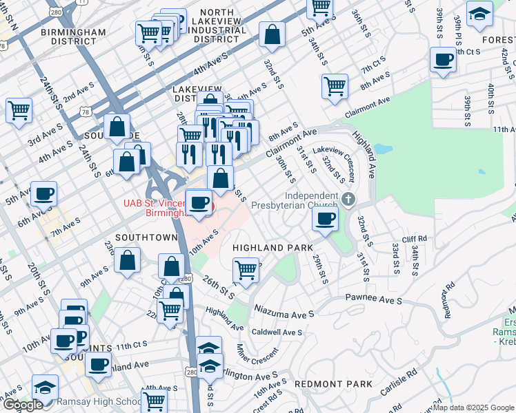 map of restaurants, bars, coffee shops, grocery stores, and more near 2809 10th Avenue South in Birmingham