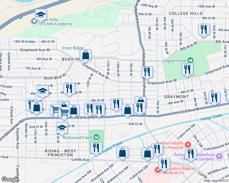 map of restaurants, bars, coffee shops, grocery stores, and more near 936 4th Terrace West in Birmingham