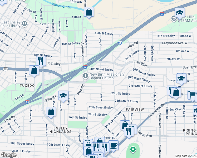 map of restaurants, bars, coffee shops, grocery stores, and more near 2334 20th Place Ensley in Birmingham