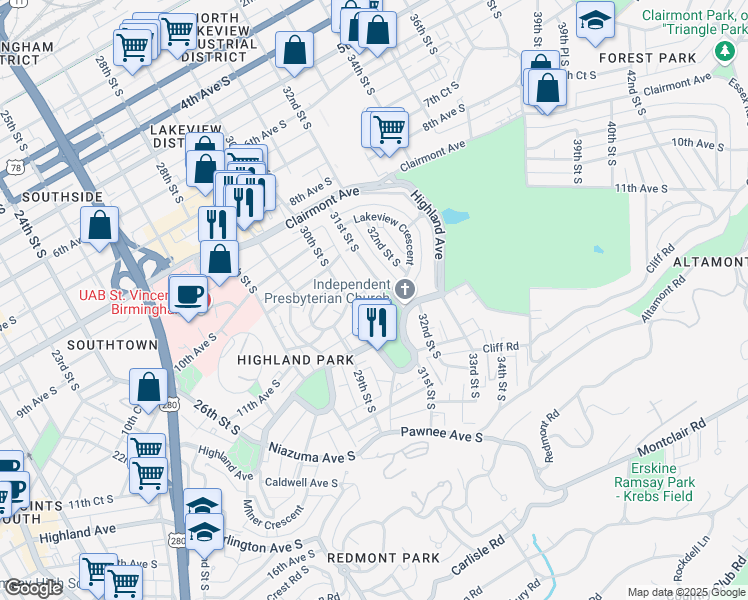 map of restaurants, bars, coffee shops, grocery stores, and more near 1100 31st Street South in Birmingham
