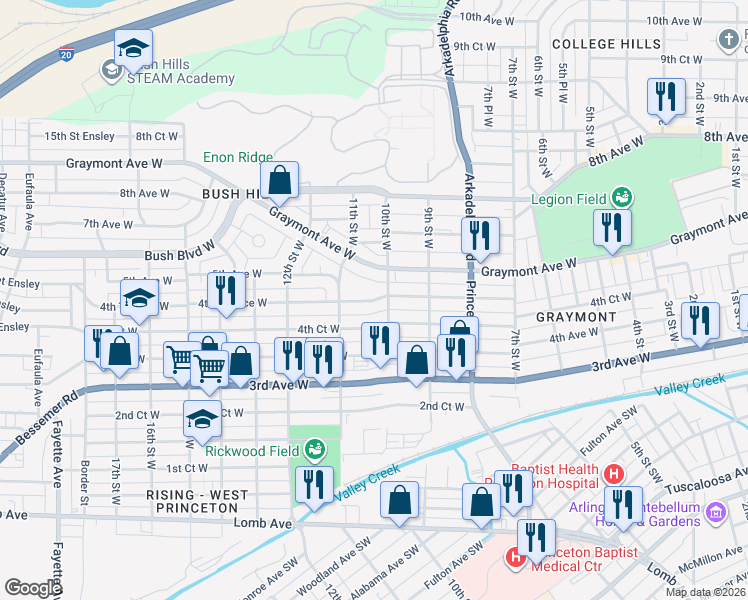 map of restaurants, bars, coffee shops, grocery stores, and more near 1030 4th Terrace West in Birmingham