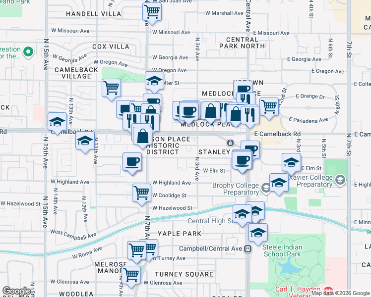 map of restaurants, bars, coffee shops, grocery stores, and more near 309 West Mariposa Street in Phoenix