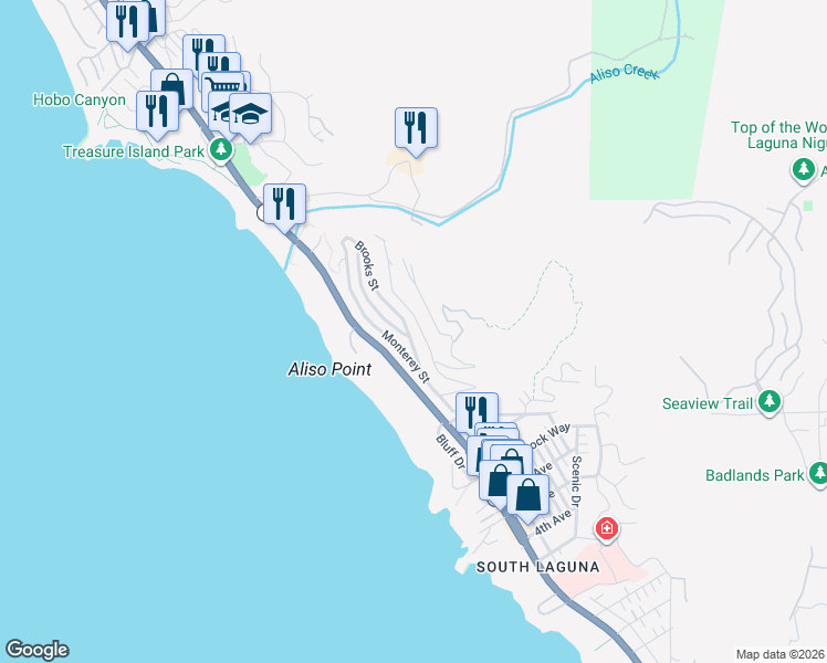map of restaurants, bars, coffee shops, grocery stores, and more near 31293 Holly Drive in Laguna Beach
