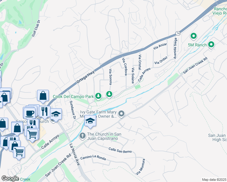 map of restaurants, bars, coffee shops, grocery stores, and more near 28001 Paseo Barranca in San Juan Capistrano