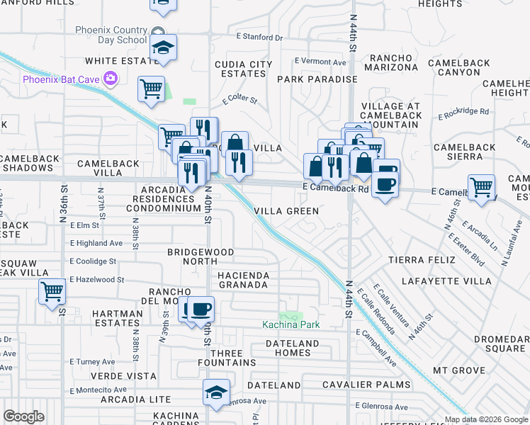 map of restaurants, bars, coffee shops, grocery stores, and more near 4148 East Calle Redonda in Phoenix