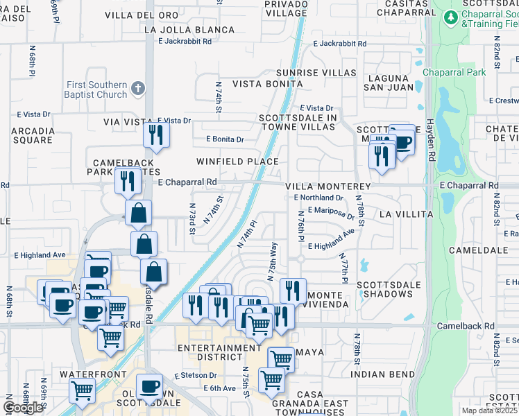 map of restaurants, bars, coffee shops, grocery stores, and more near 7502 East Mariposa Drive in Scottsdale