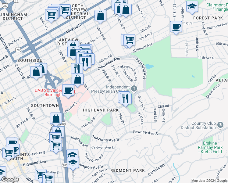 map of restaurants, bars, coffee shops, grocery stores, and more near 2944 Rhodes Circle South in Birmingham
