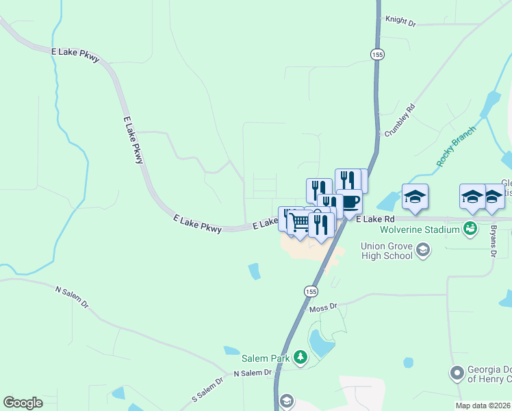 map of restaurants, bars, coffee shops, grocery stores, and more near 5855 East Lake Parkway in McDonough