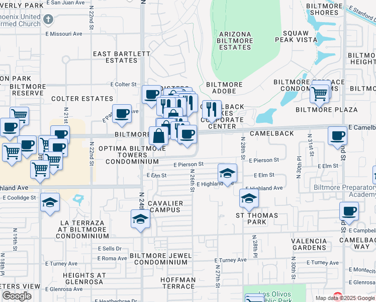 map of restaurants, bars, coffee shops, grocery stores, and more near 2575 East Camelback Road in Phoenix