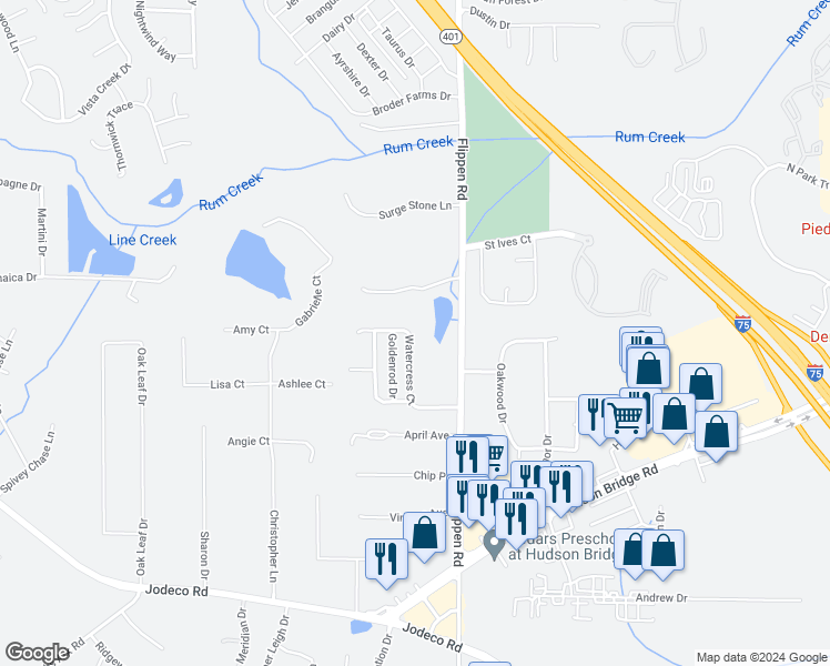 map of restaurants, bars, coffee shops, grocery stores, and more near 142 Watercress Court in Stockbridge