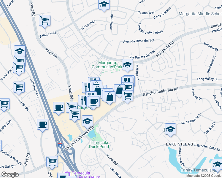 map of restaurants, bars, coffee shops, grocery stores, and more near 42140 Lyndie Lane in Temecula