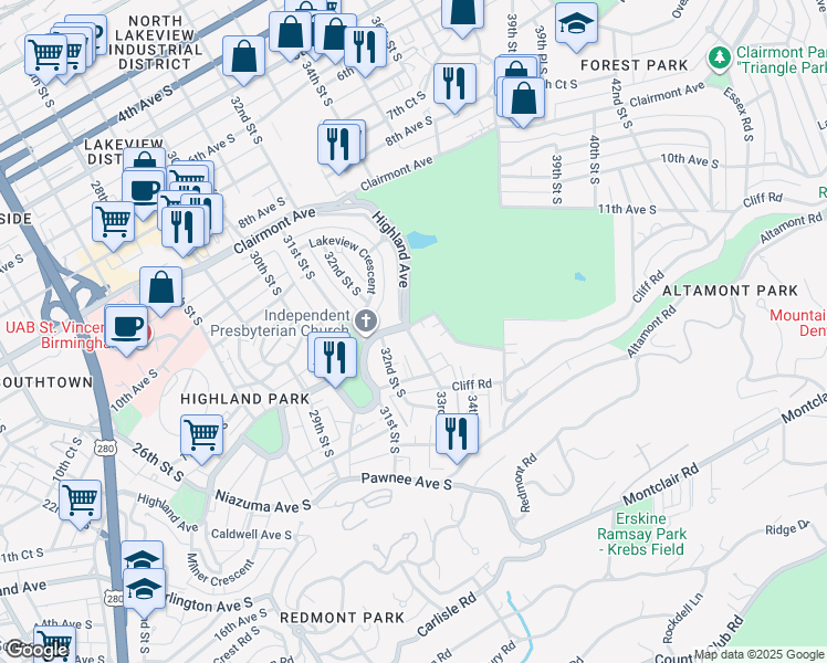 map of restaurants, bars, coffee shops, grocery stores, and more near 1201 33rd Street South in Birmingham