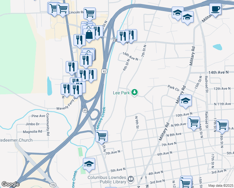 map of restaurants, bars, coffee shops, grocery stores, and more near 6th Street North in Columbus