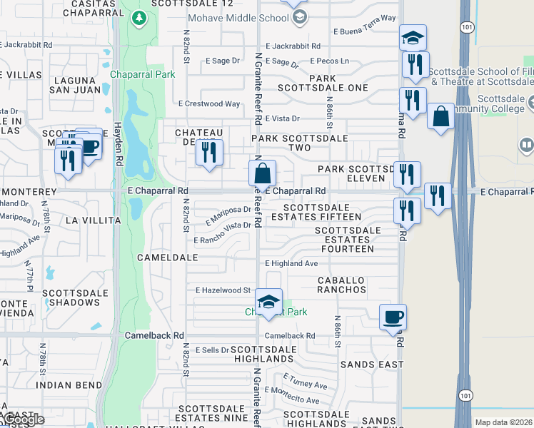 map of restaurants, bars, coffee shops, grocery stores, and more near 4961 North Granite Reef Road in Scottsdale