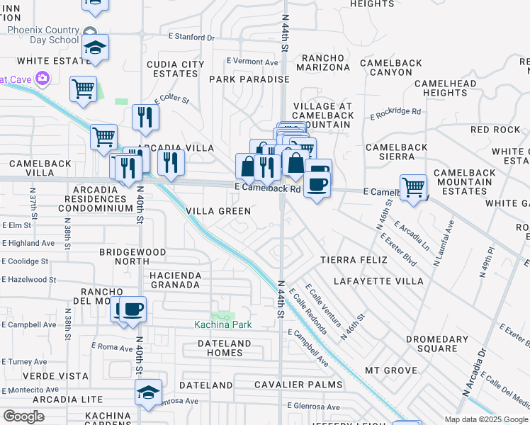 map of restaurants, bars, coffee shops, grocery stores, and more near 4900 North 44th Street in Phoenix