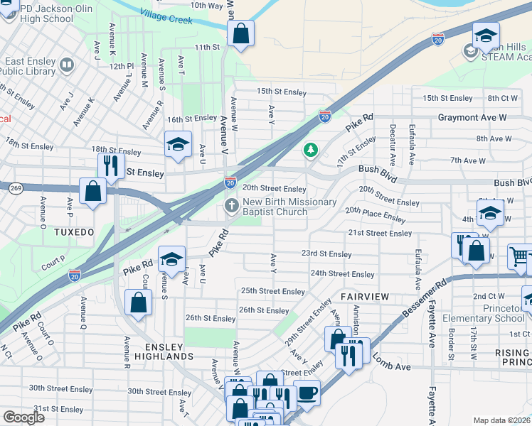 map of restaurants, bars, coffee shops, grocery stores, and more near 2335 20th Alley North in Birmingham