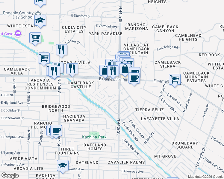 map of restaurants, bars, coffee shops, grocery stores, and more near 4900 North 44th Street in Phoenix