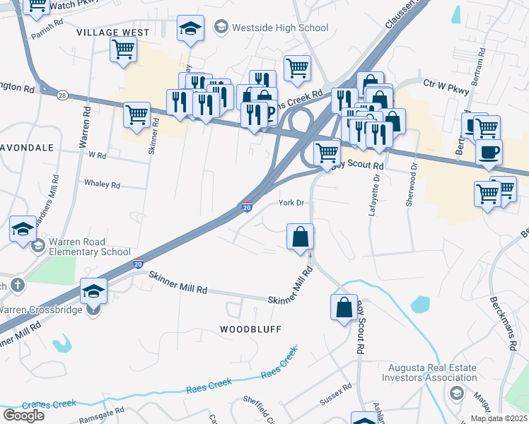 map of restaurants, bars, coffee shops, grocery stores, and more near 2656 York Drive in Augusta