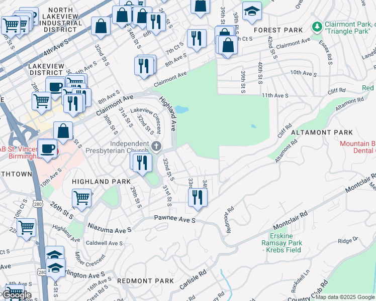 map of restaurants, bars, coffee shops, grocery stores, and more near 1200 34th Street South in Birmingham