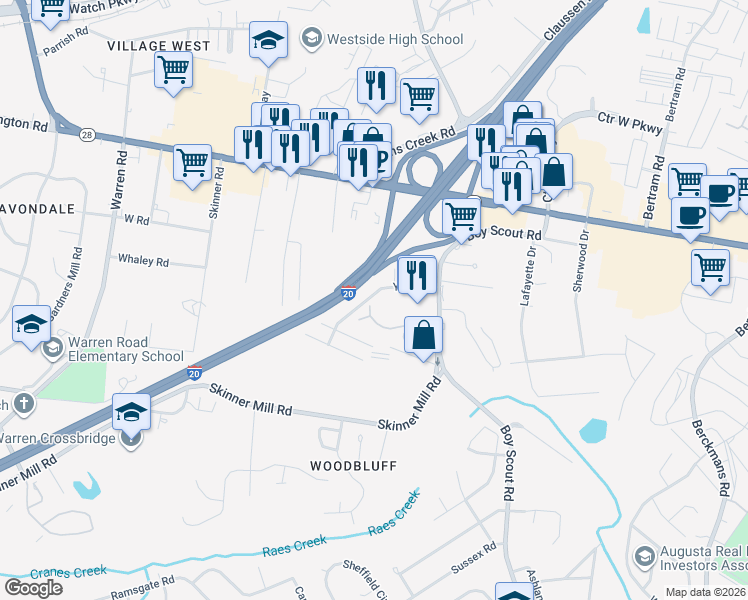 map of restaurants, bars, coffee shops, grocery stores, and more near 2692 York Drive in Augusta
