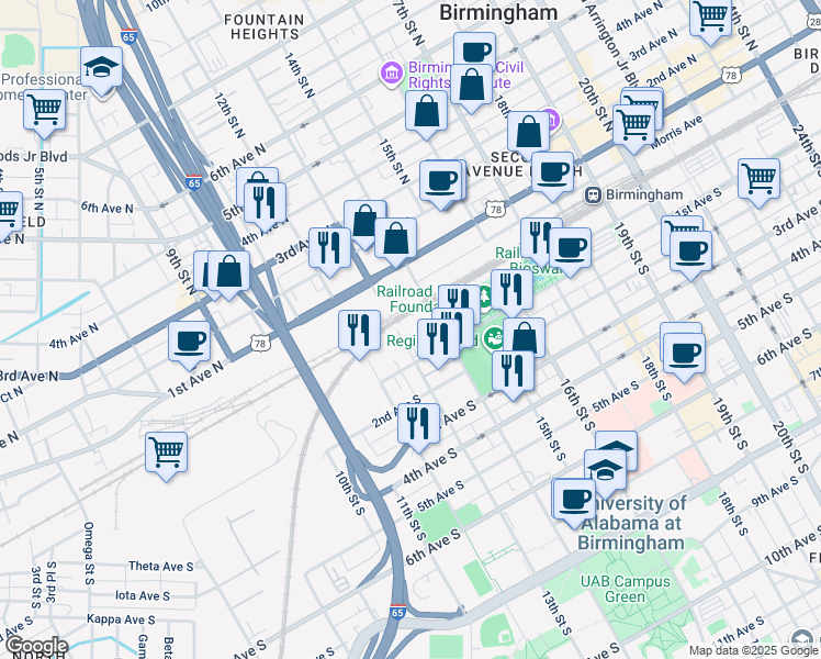 map of restaurants, bars, coffee shops, grocery stores, and more near 1300 Powell Avenue South in Birmingham