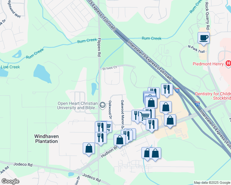 map of restaurants, bars, coffee shops, grocery stores, and more near 1950 Oakwood Drive in Stockbridge