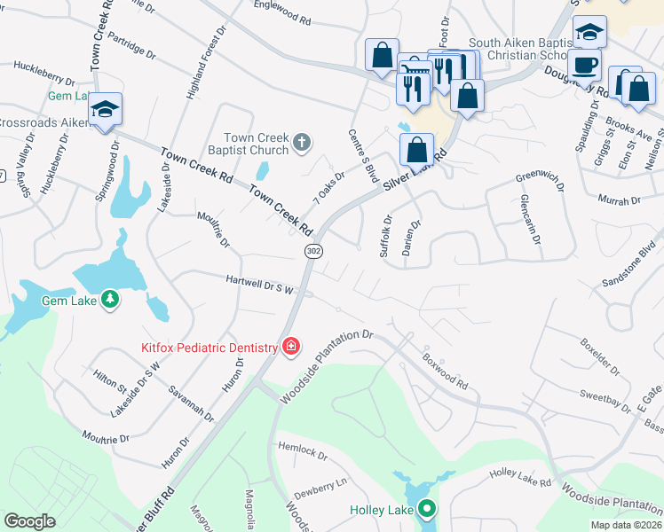 map of restaurants, bars, coffee shops, grocery stores, and more near 105 Rutherford Place in Aiken
