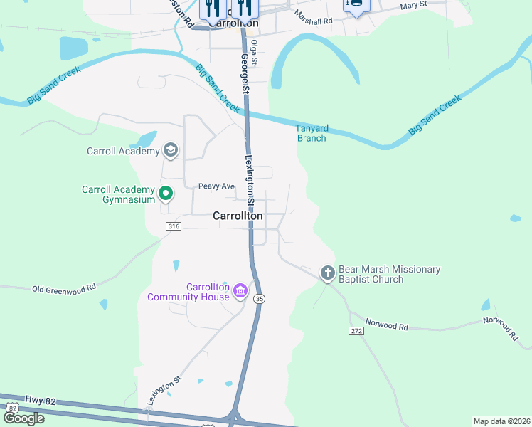 map of restaurants, bars, coffee shops, grocery stores, and more near Green Street in Carrollton