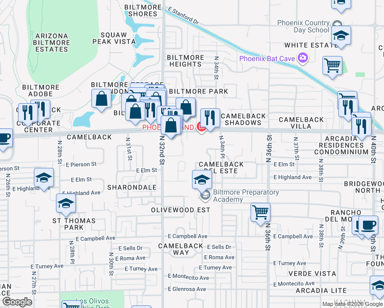 map of restaurants, bars, coffee shops, grocery stores, and more near 3235 East Camelback Road in Phoenix
