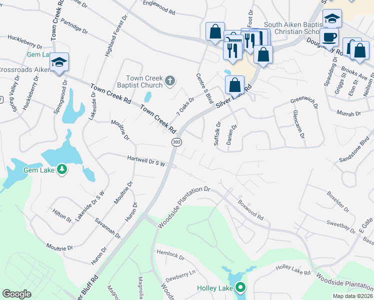 map of restaurants, bars, coffee shops, grocery stores, and more near 105 Rutherford Place in Aiken