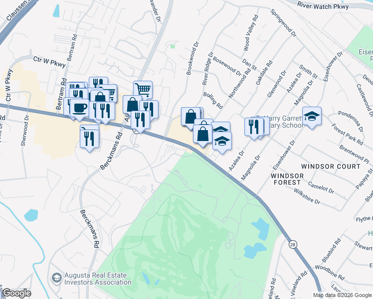 map of restaurants, bars, coffee shops, grocery stores, and more near 210 Old Berckmans Road in Augusta
