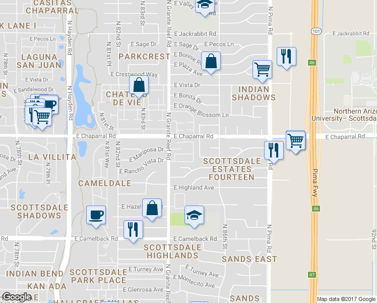 map of restaurants, bars, coffee shops, grocery stores, and more near 4949 North Granite Reef Road in Scottsdale