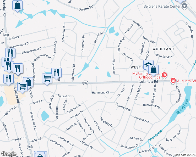 map of restaurants, bars, coffee shops, grocery stores, and more near 4341 Columbia Rd in Martinez