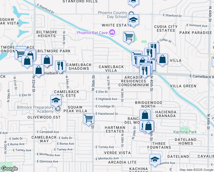 map of restaurants, bars, coffee shops, grocery stores, and more near 3643 East Pierson Street in Phoenix