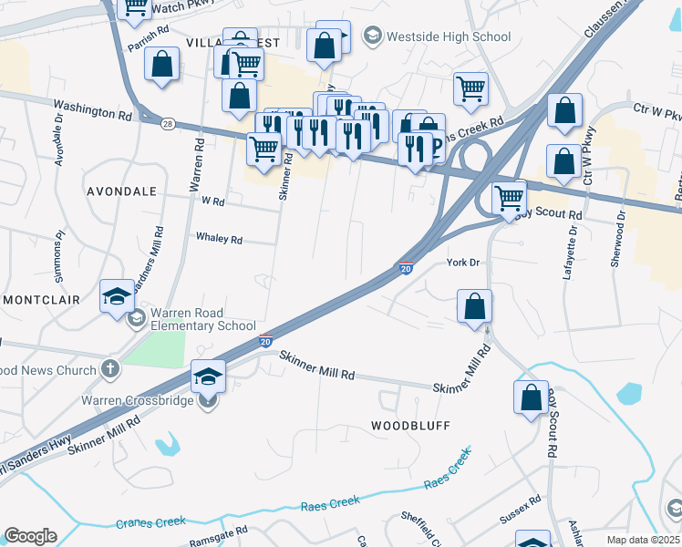 map of restaurants, bars, coffee shops, grocery stores, and more near 243 Charlestowne Way in Augusta