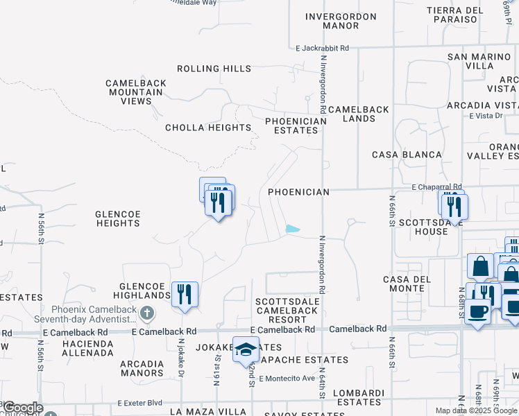 map of restaurants, bars, coffee shops, grocery stores, and more near 4680-4760 North Phoenician Boulevard in Paradise Valley
