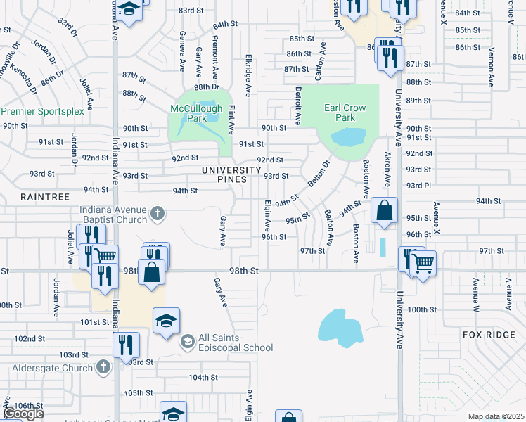 map of restaurants, bars, coffee shops, grocery stores, and more near 9406 Elgin Avenue in Lubbock