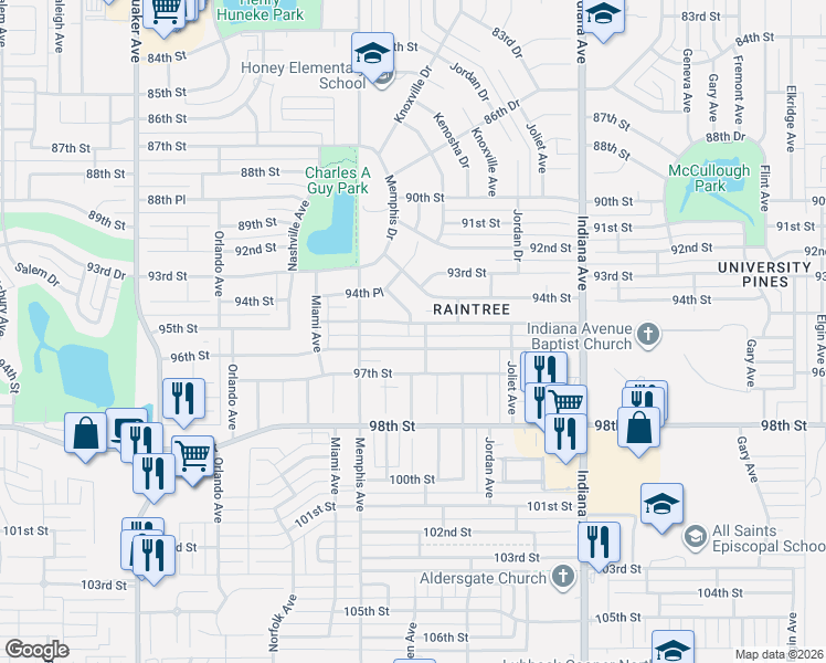 map of restaurants, bars, coffee shops, grocery stores, and more near 3717 95th St in Lubbock