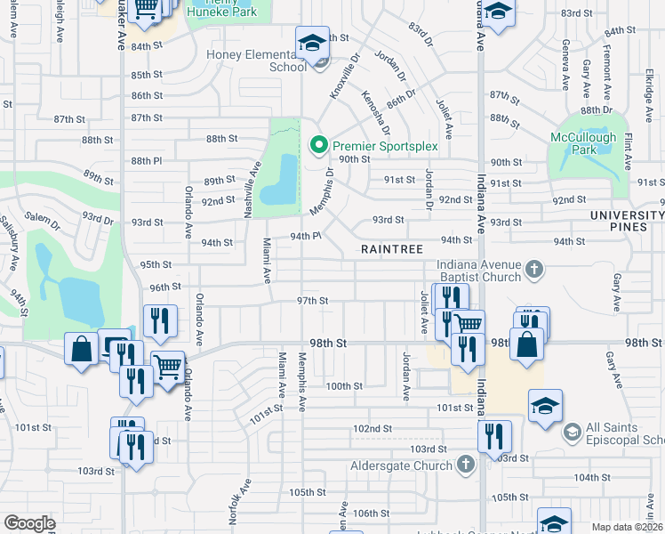 map of restaurants, bars, coffee shops, grocery stores, and more near 3717 95th St in Lubbock