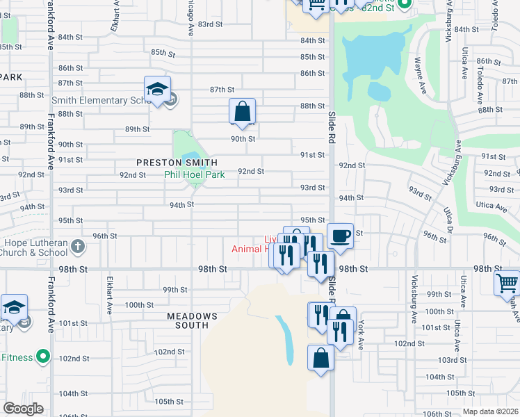 map of restaurants, bars, coffee shops, grocery stores, and more near 5235 94th Street in Lubbock