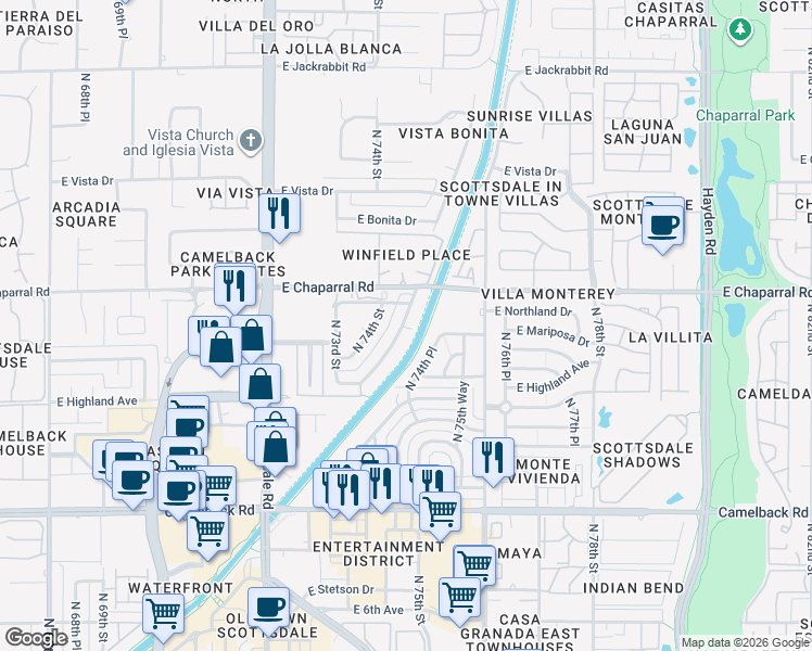 map of restaurants, bars, coffee shops, grocery stores, and more near 4916 North Woodmere Fairway in Scottsdale