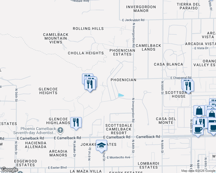 map of restaurants, bars, coffee shops, grocery stores, and more near 4680-4760 North Phoenician Boulevard in Paradise Valley