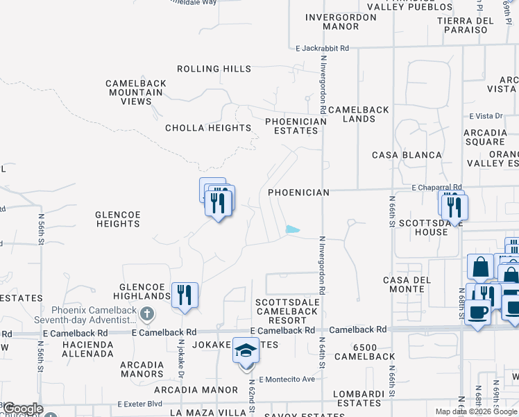 map of restaurants, bars, coffee shops, grocery stores, and more near 4680-4760 North Phoenician Boulevard in Paradise Valley