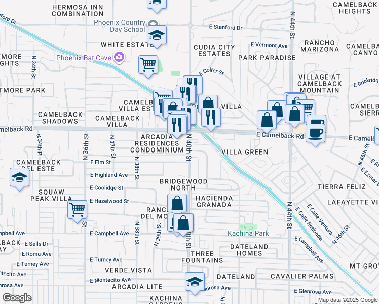 map of restaurants, bars, coffee shops, grocery stores, and more near 3915 East Camelback Road in Phoenix