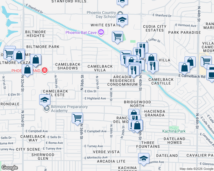 map of restaurants, bars, coffee shops, grocery stores, and more near 3719 East Pierson Street in Phoenix