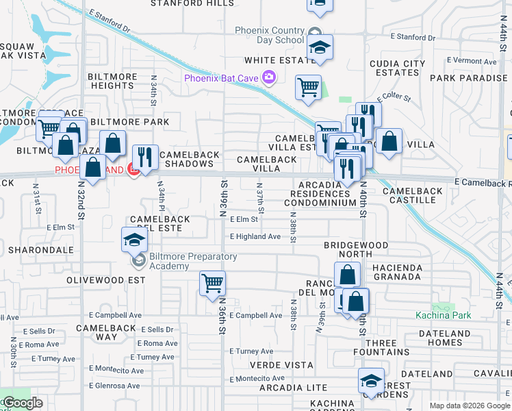 map of restaurants, bars, coffee shops, grocery stores, and more near 3643 East Pierson Street in Phoenix